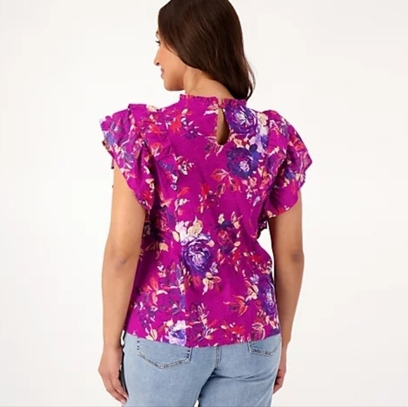 CANDACE CAMERON BURE Blue Printed Eyelet Top with Ruffle Detail - Picture 2 of 11